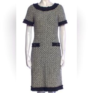St John’s Classic Black/White Tweed Sheath Dress with Gold Buttons, Fringe